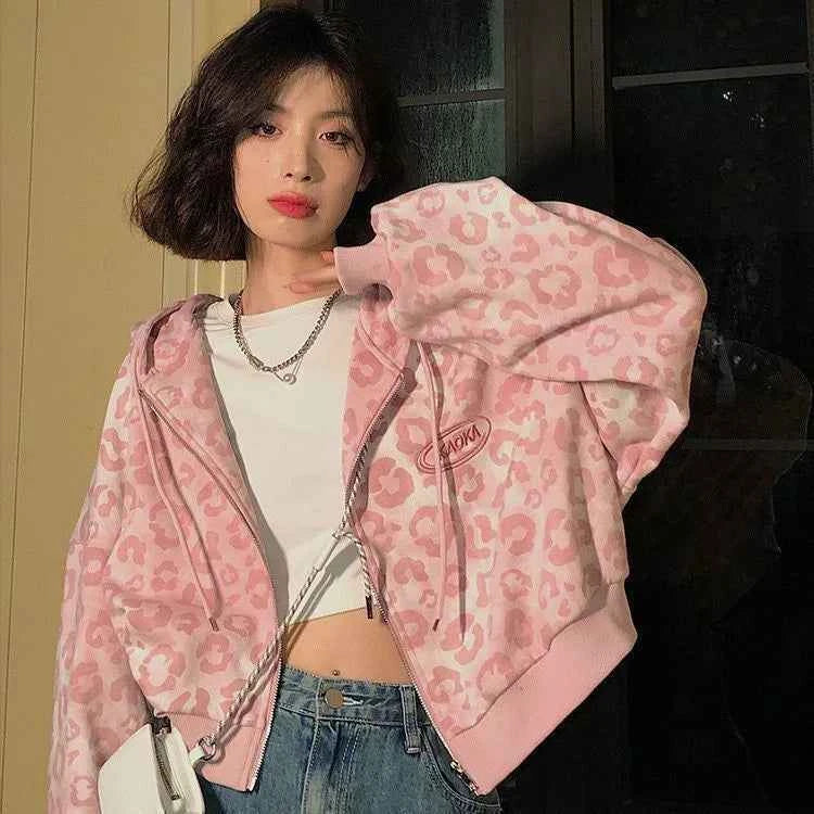 Y2K Pink Leopard Print Casual Sweatshirt