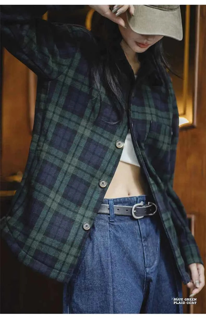 Vintage Blue Green Plaid Loose Shirt