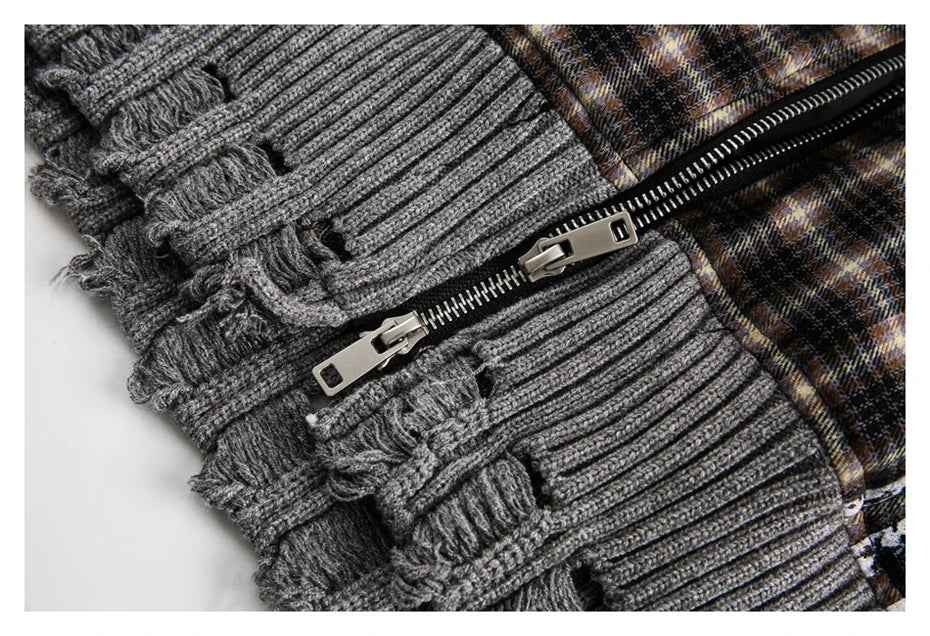 Streetwear Plaid Ripped Hole Unisex Knit Splicing Jacket