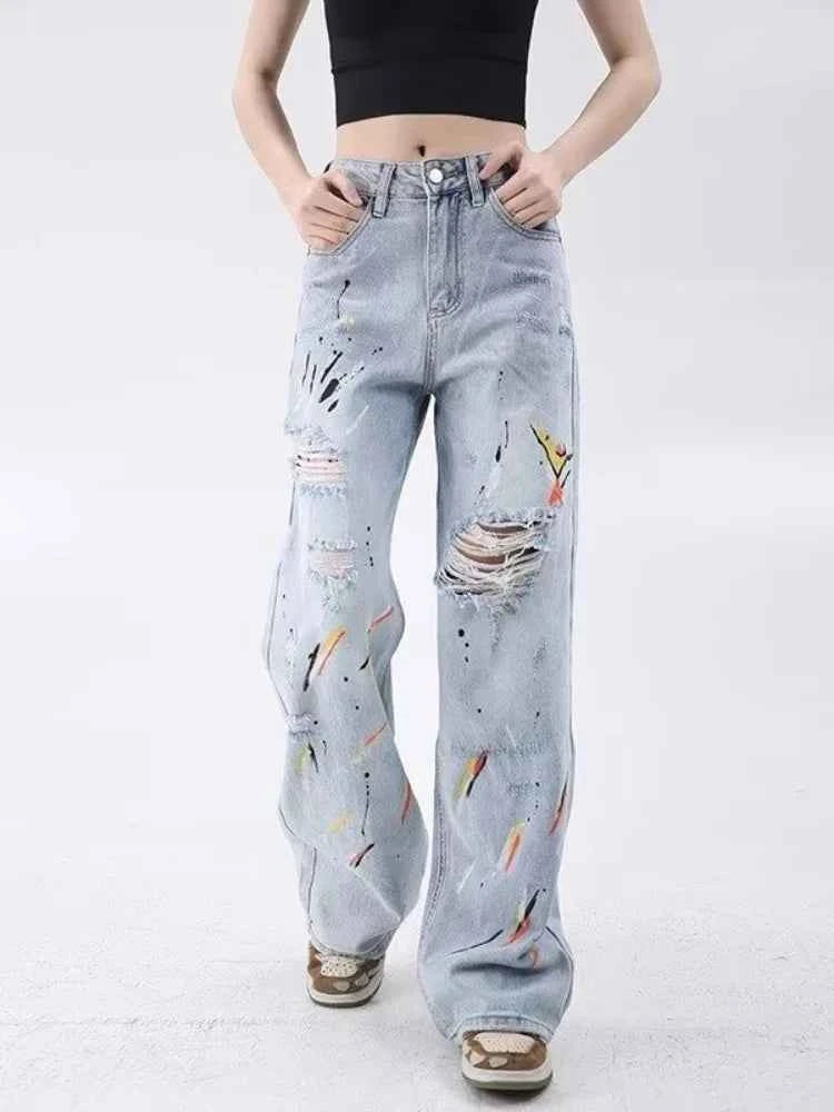 Vintage Washed Blue Graffiti Baggy Jeans