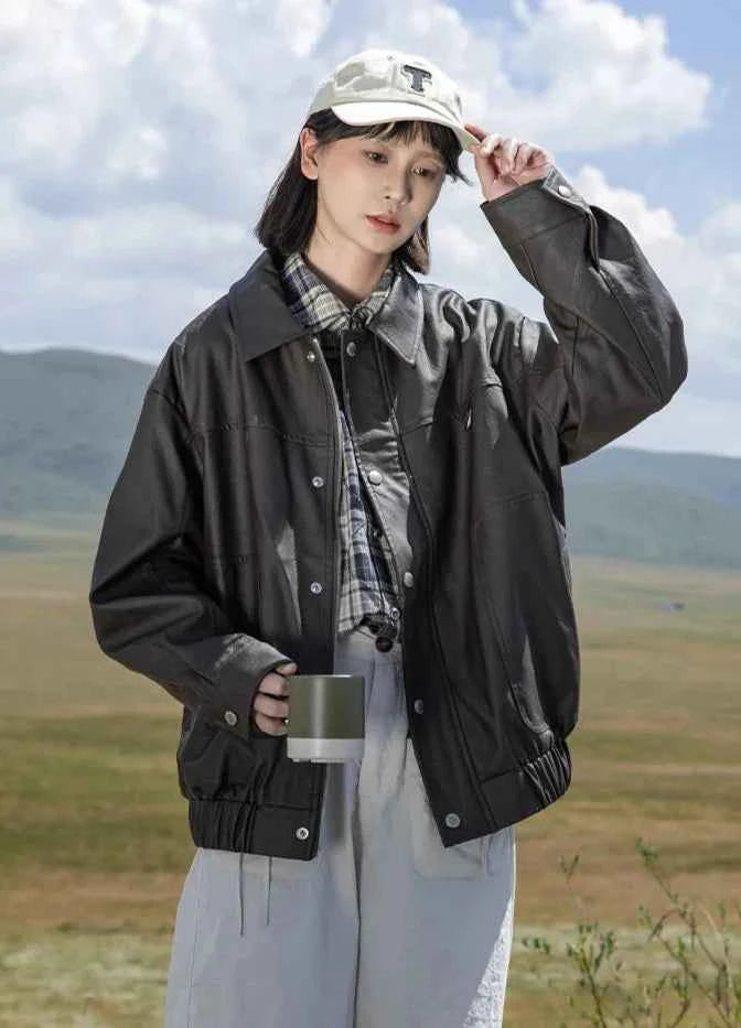 Brown Loose Casual Leather Jacket