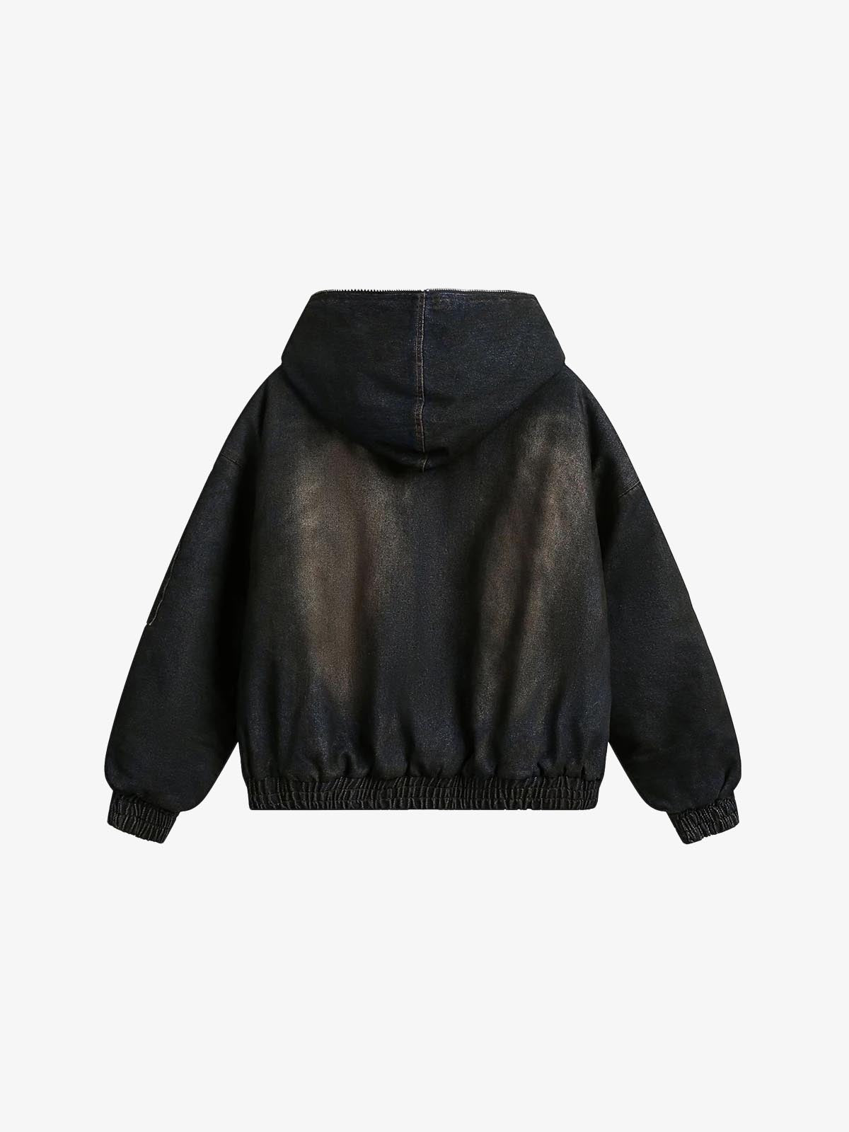 Coal Black Washed Fur Hooded Jacket