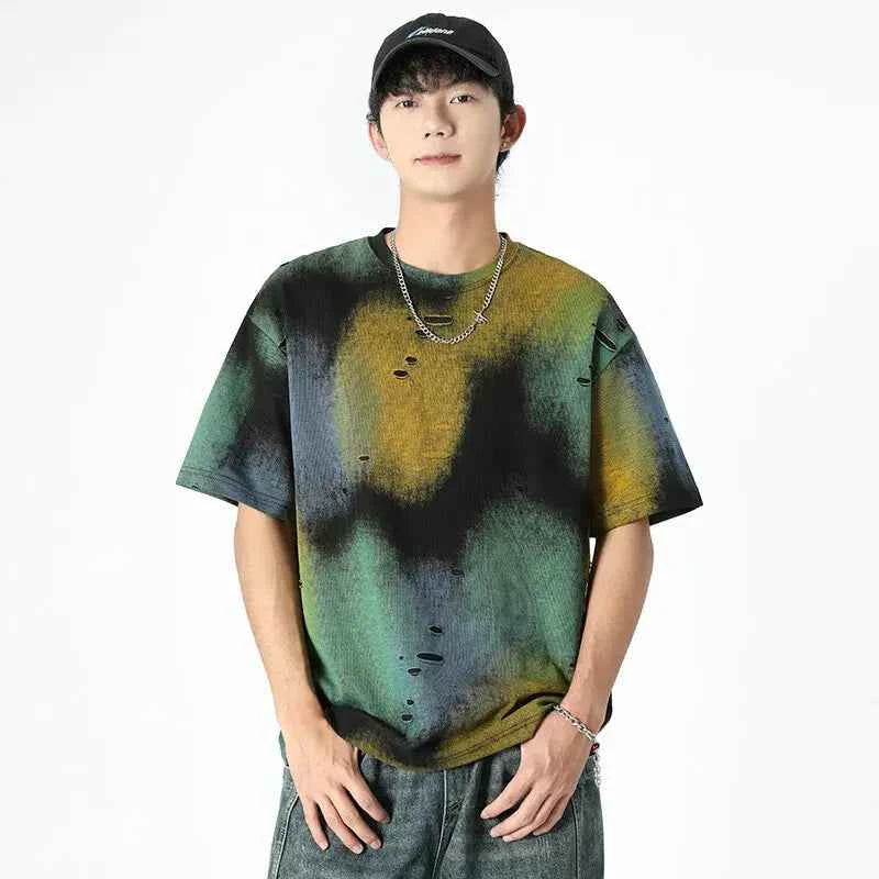 Trendy Tie Dye Ripped Hole Short Sleeve T-Shirt