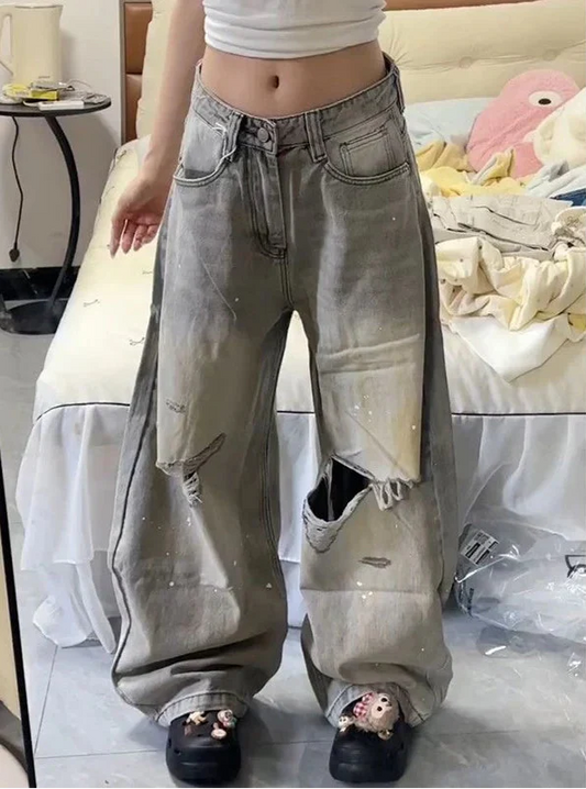Streetwear Casual Vintage Grey High Waist Wide Jeans - Luxuryurbanwear