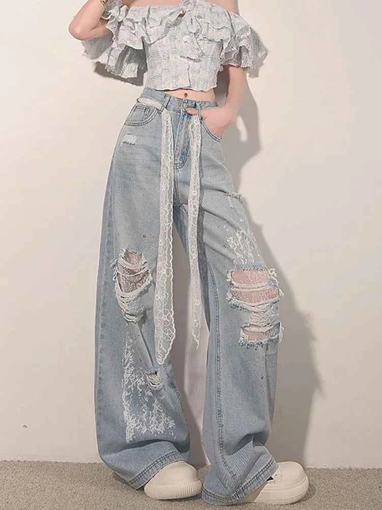 Women High Waist Ripped Lace Patchwork Jeans