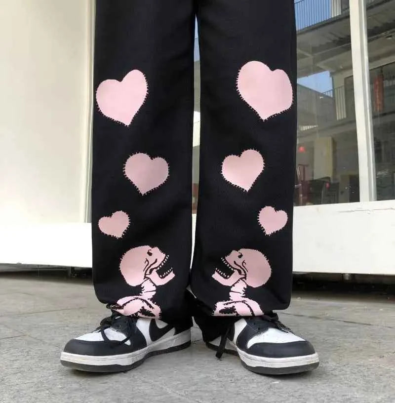 Skulls Print Loose Hearts Wide Leg Pants