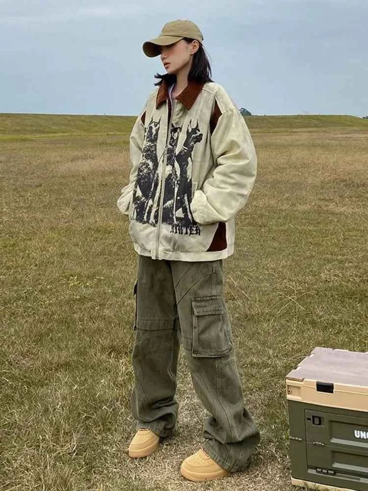 Streetwear Vintage Cartoon Print Oversized Jacket