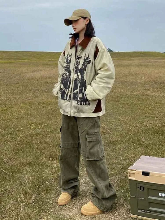 Streetwear Vintage Cartoon Print Oversized Jacket