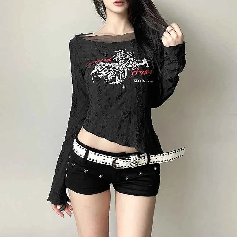 Dark Punk Mesh Patchwork Long T-Shirt