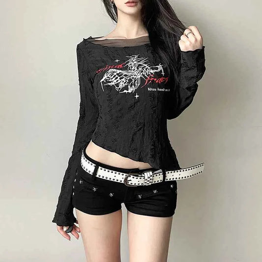 Dark Punk Mesh Patchwork Long T-Shirt