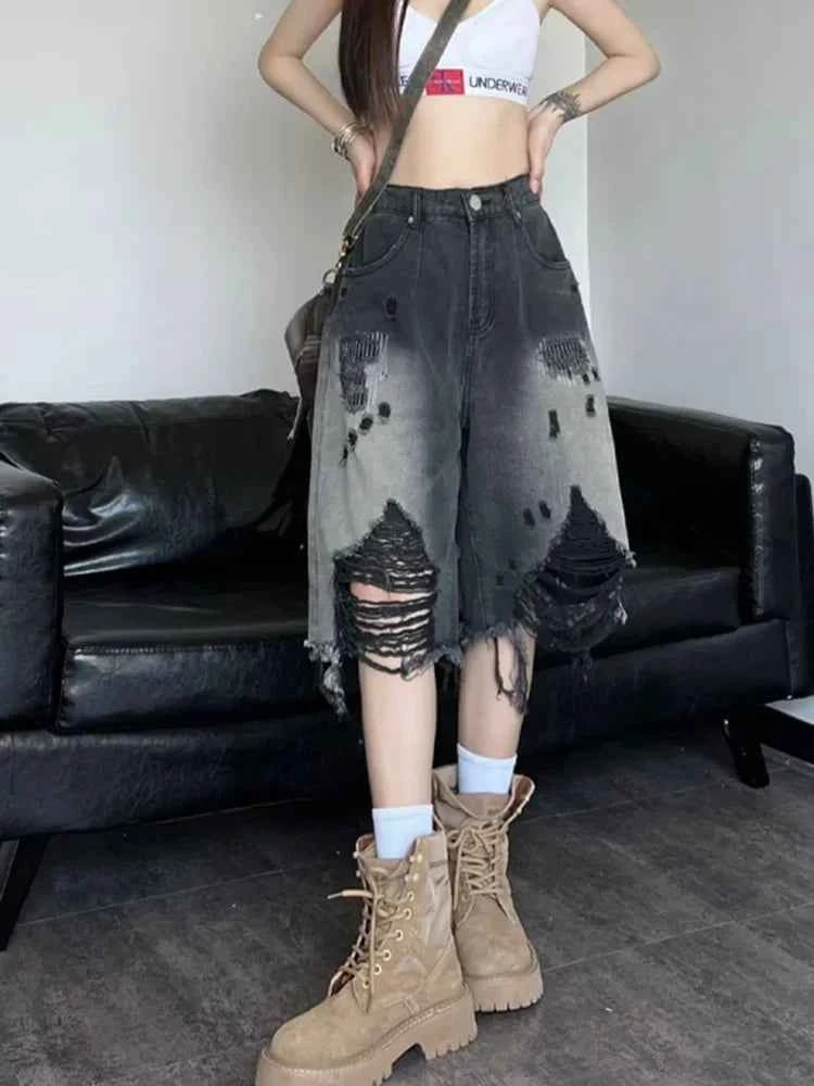 Women American Style Retro Gradient Denim Jorts