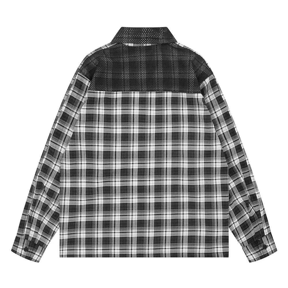 Versatile Plaid Mesh Spliced Embroidered Lapel Shirt