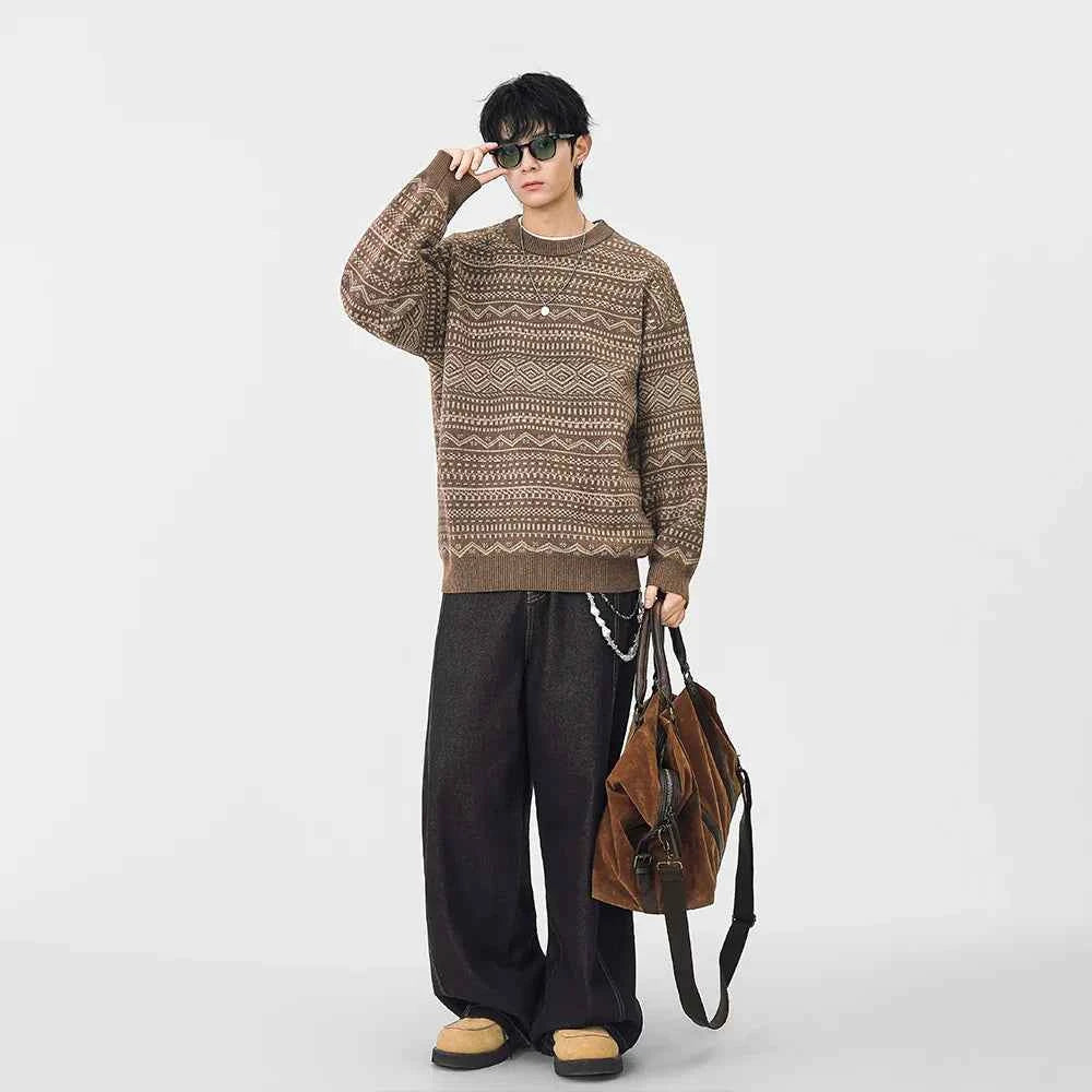 Y2K Plush Ethnic Knit Crew Neck Sweater