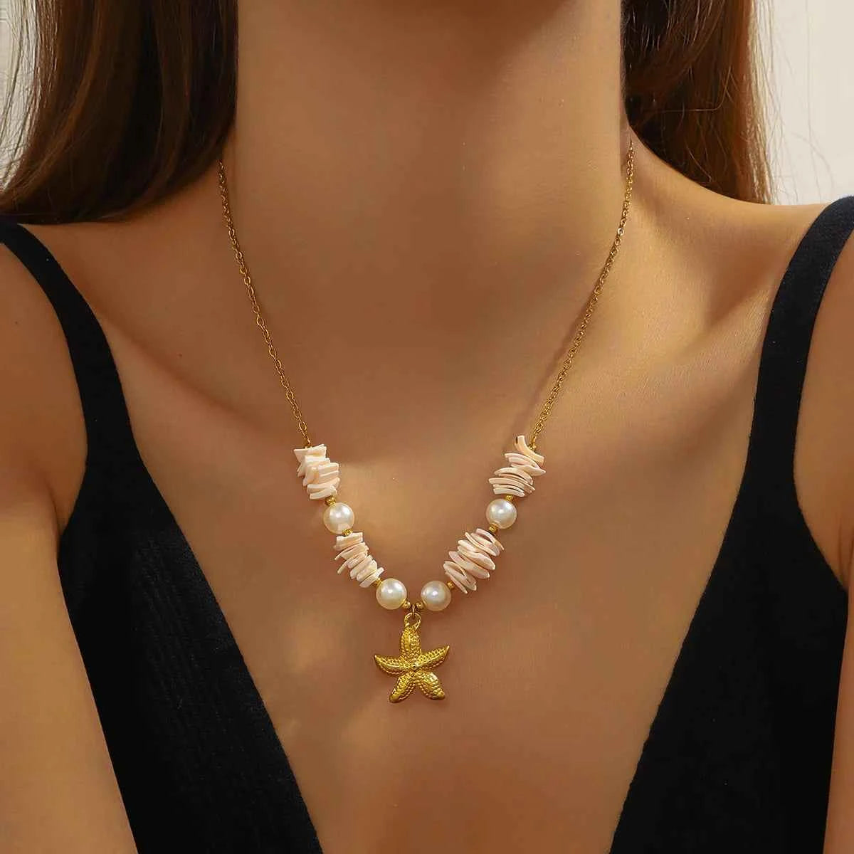 Golden Starfish Shell Pearl Pendant Necklace