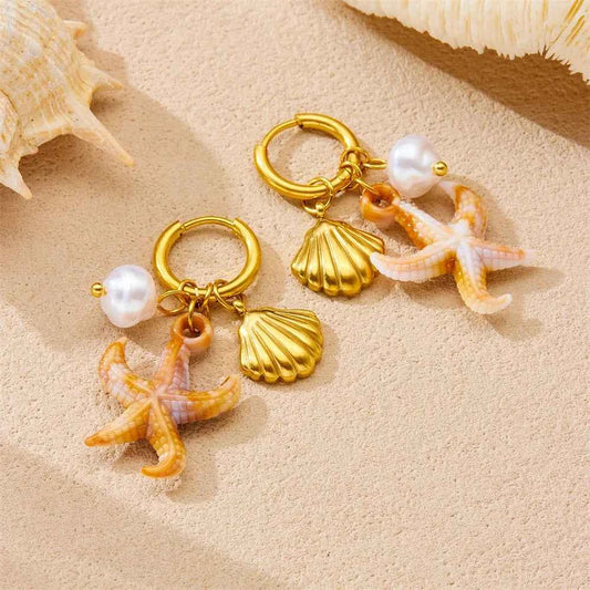 Golden Sea Star Scallop Pearl Earring