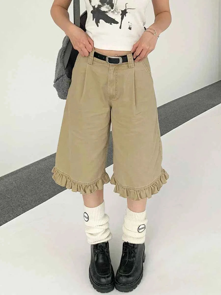 Chic Khaki Ruffled High Waist Jorts