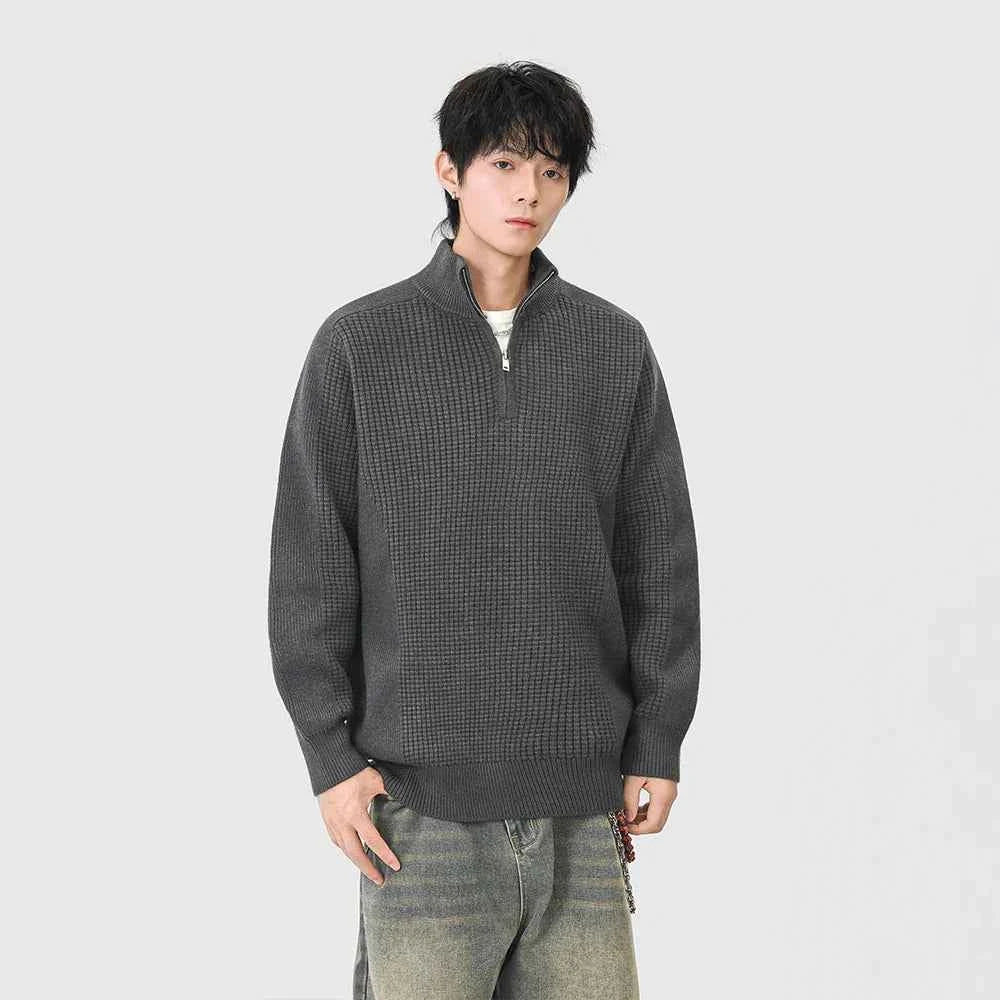Cozy Mock Neck Half Zipper Waffle Knit Sweater