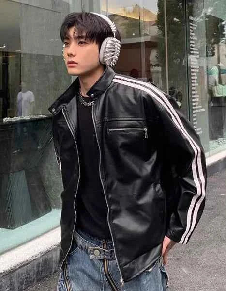 Korean Style Striped Casual PU Leather Jacket