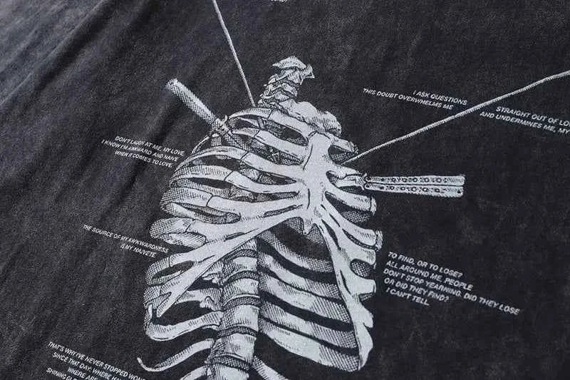 Warm Skeleton Print Washed Oversized Gothic T-Shirt