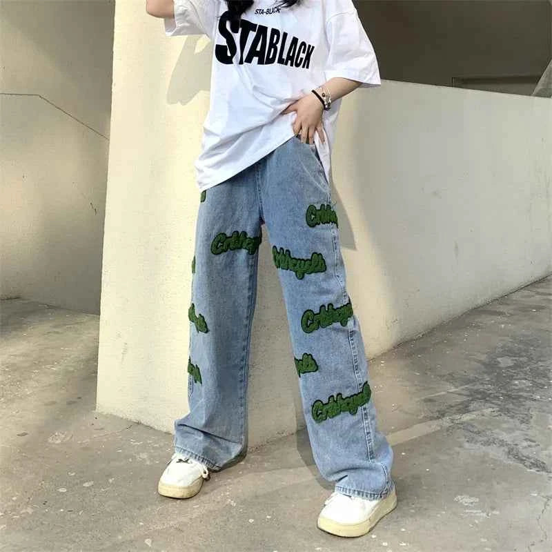 Elastic High Waist Flocked Embroidered Jeans