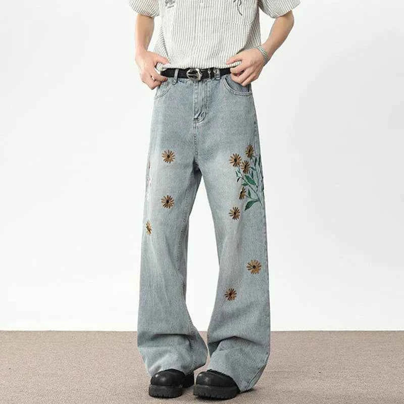 Handsome Embroidered Wide Leg Denim Jeans