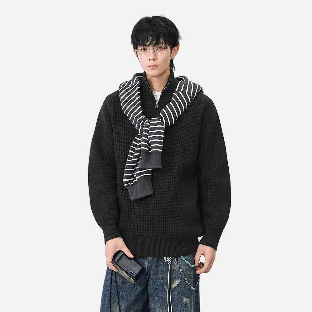 Cozy Mock Neck Half Zipper Waffle Knit Sweater