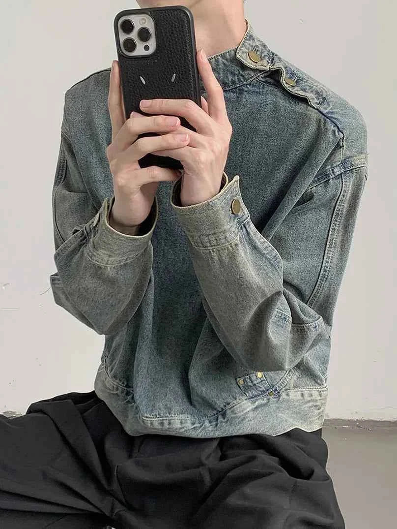 Y2K Washed Buckle Collar Motorcycle Denim Jacket
