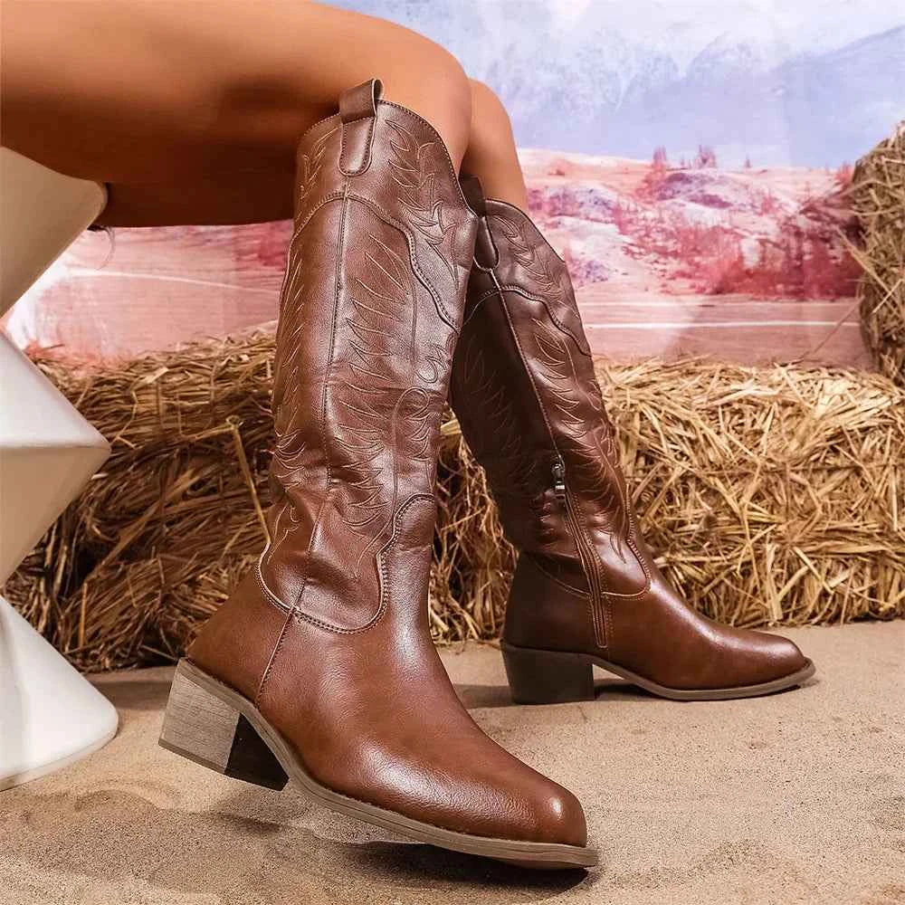 Vintage Brown Embroidered Western Knee-High Boot
