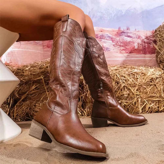 Vintage Brown Embroidered Western Knee-High Boot