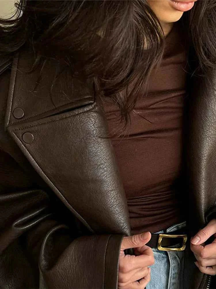 Solid Color Lapel Lace-Up Leather Jacket