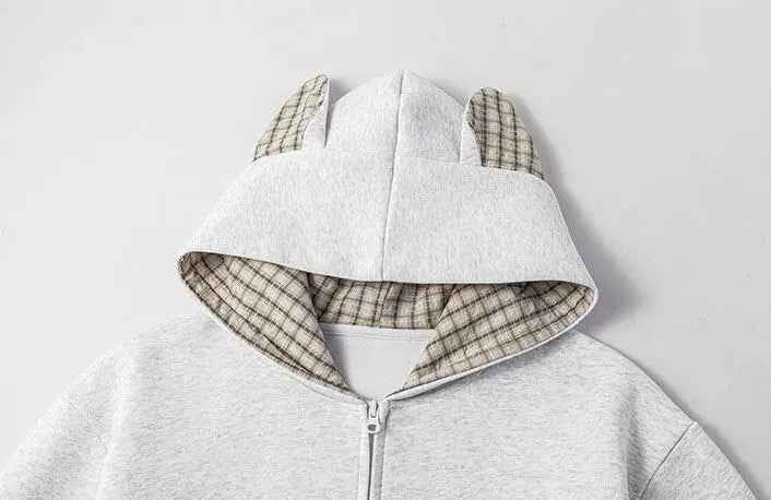 Streetwear Oversized Plaid Cat Ear Hooded Sweatshirt