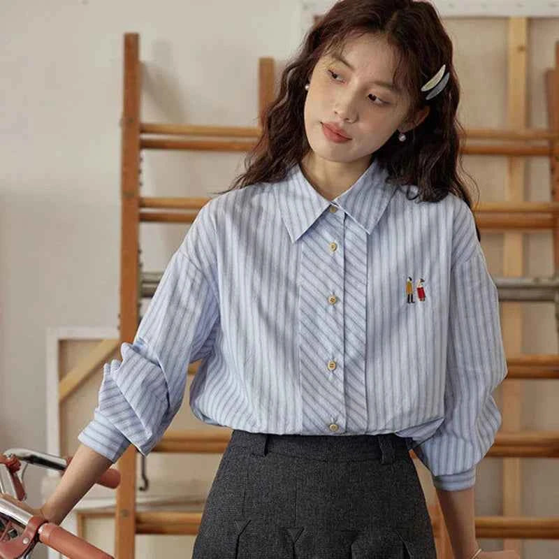 Women Classic Chic Vintage Striped Embroidered Shirt