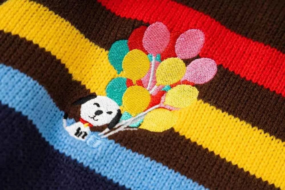Embroidered Crew Neck Collar Contrast Paneled Striped Sweater