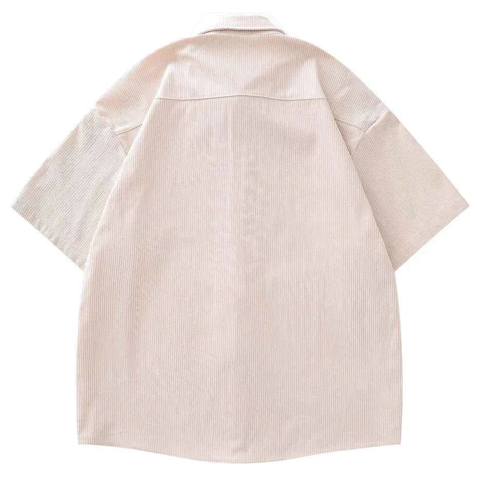 Rose Embroidery Corduroy Button-Up Short Sleeve Shirt