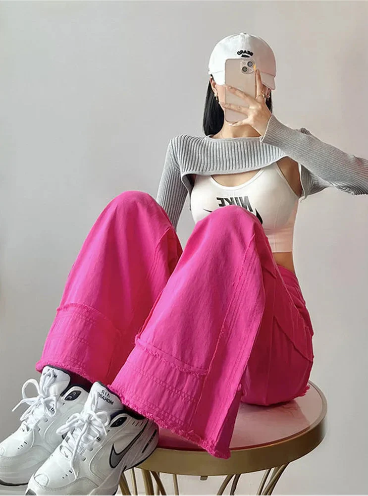 Pink Y2K High Waist Wide Leg Jeans - Luxuryurbanwear
