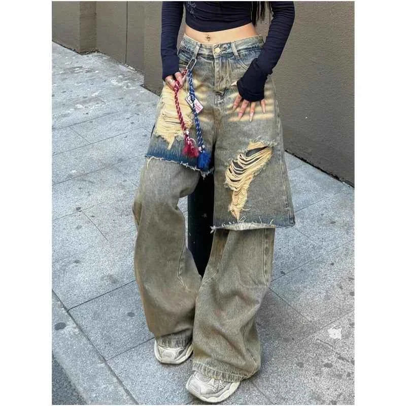 Trendy Punk Sexy Ripped Fake Two Layers Jeans