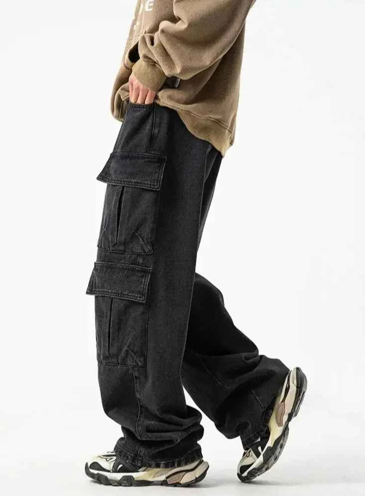 Timeless Fit Washed Denim Wide Leg Cargo Jeans