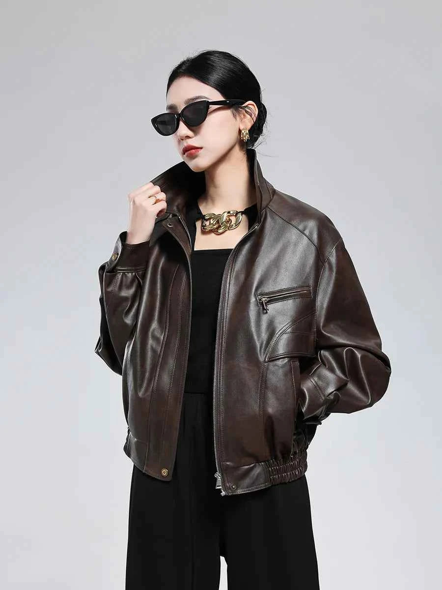 Casual Luxury Distressed Brown PU Leather Jacket