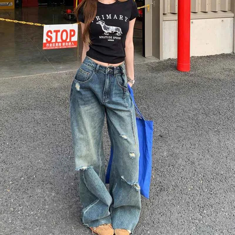 Retro Streetwear Washed High Waist Ripped Jeans