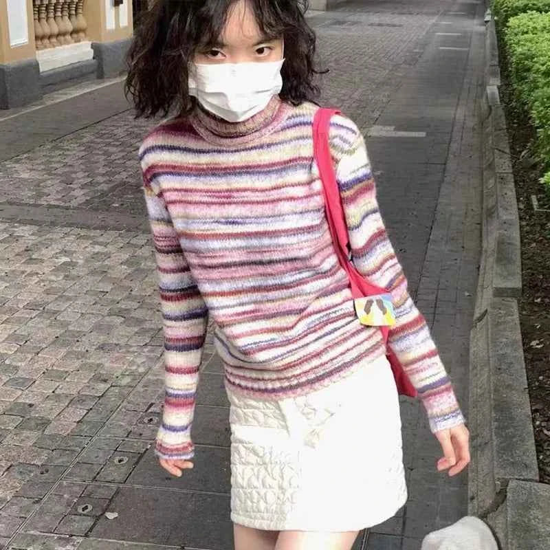 Y2K Women Rainbow Striped Turtleneck Sweater