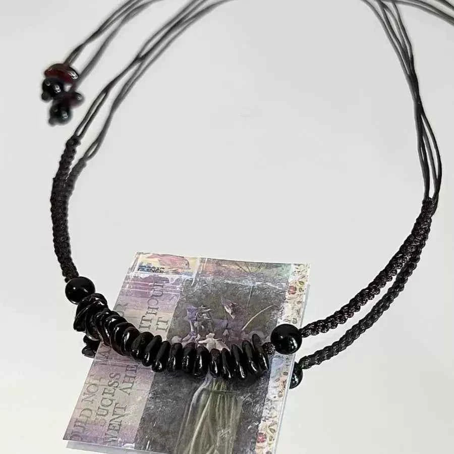 Black Stone Pendant Hand-Woven Rope Necklace
