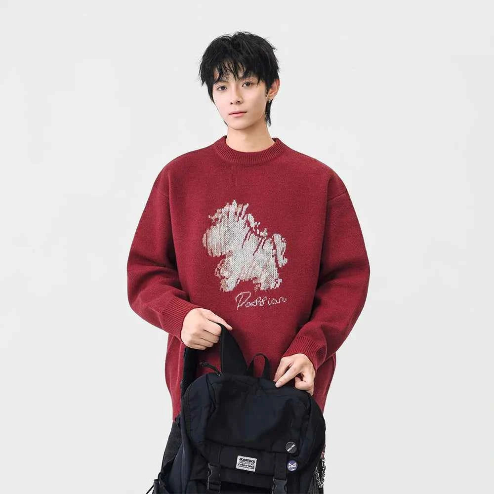 Abstract Unicorn Pattern Knitted Crew Neck Sweater