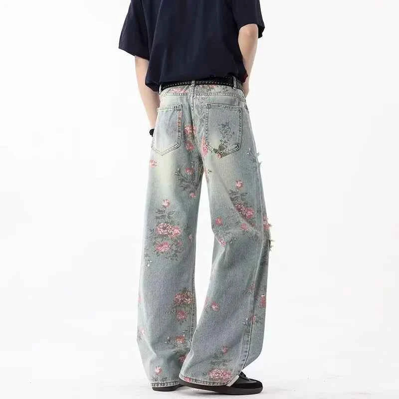 Retro Peony Flower Jacquard Ripped Jeans