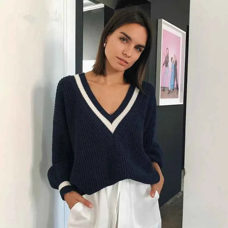 Women Casual Contrasting V Neck Patchwork Sweater