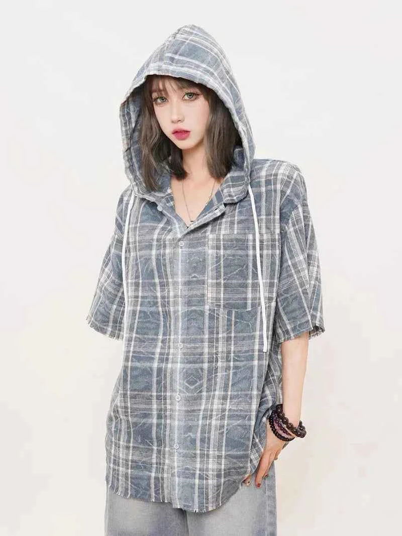 Women Hip Hop Retro Plaid Loose Hooded Blouse Shirt