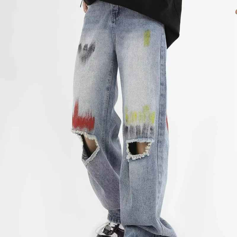 Trendy Blue Washed Ripped Straight Leg Jeans