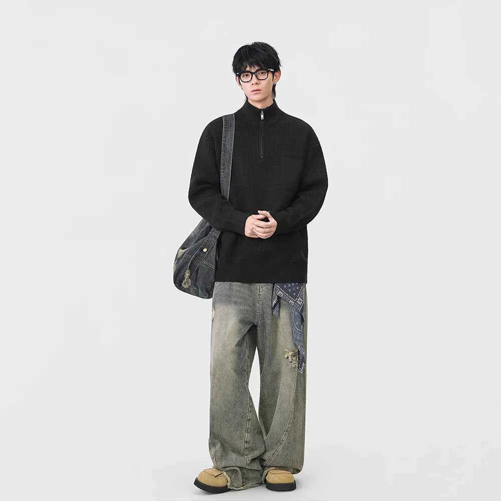 Soft Ribbed Knit Mock Neck Half Zipper Sweater