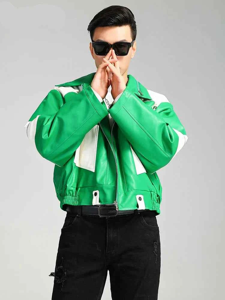 Cool Green Block Pu Leather Jacket