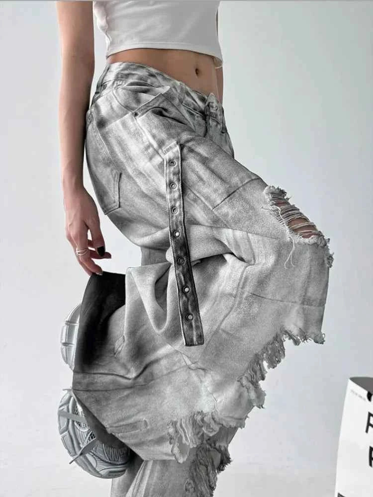 Cyber Grunge Washed White Baggy Jeans