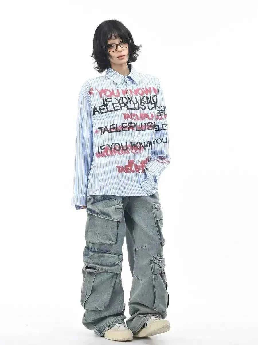 Y2K Autumn Contrasting Striped Letter Print Shirt